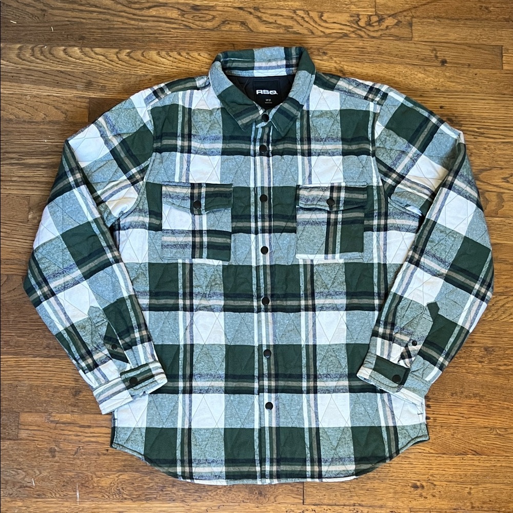 RSQ Snap Button Down Quilted Green Flannel Large Mens Like New